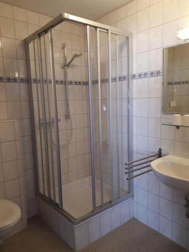 a shower with a glass door in a bathroom at Pension Elisabeth in Cochem