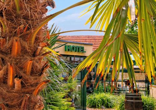a palm tree in front of a hotel at Hotel & Restaurant 5 Linden in Wickerode