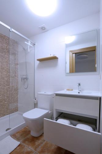 a bathroom with a toilet and a sink and a shower at Casa Rural Basaula in Muneta