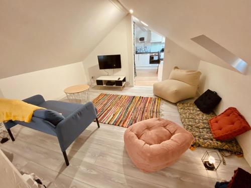 un salon avec un canapé et une chaise dans l'établissement Belle appartement 4 chambres, à Reims