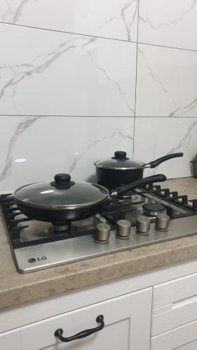 2 padelle sedute sopra un fornello in cucina di Джамбула 177 a Kökşetaw