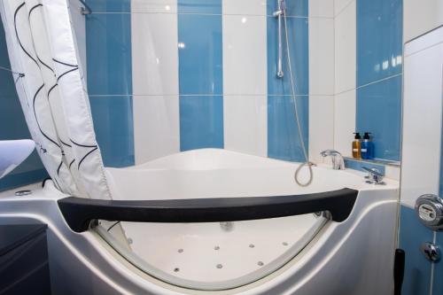 a bath tub in a blue and white bathroom at Special ROGER F RABBIT 2 Apartment, Roche Towers, 10-STAR in Basel