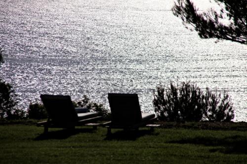two chairs sitting on the grass next to the water at Can Simoneta - Adults Only in Canyamel