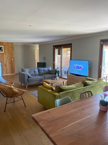 un salon avec un canapé et une télévision dans l'établissement Villa de standing avec Piscine et Jacuzzi, à La Bruguière