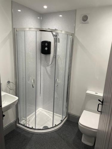 a bathroom with a shower and a toilet at Littlecross Cottage in Barnstaple