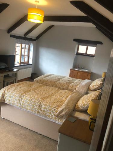 a bedroom with a bed and a desk and two windows at Littlecross Cottage in Barnstaple