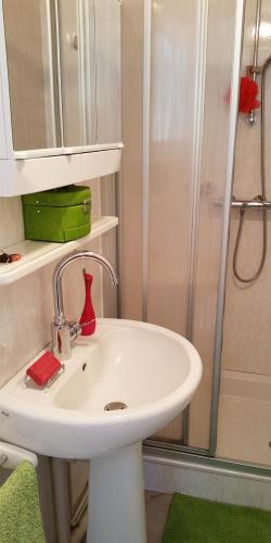 une salle de bain avec un lavabo blanc et une douche dans l'établissement Studio résidence Grand Hôtel, à Châtel-Guyon