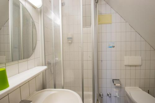 a bathroom with a shower and a toilet at Hotel Schloss Nebra in Nebra