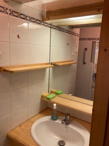 une salle de bain avec un lavabo et un miroir dans l'établissement Appartement 2 étoiles en pied de pistes et au centre ville 4 personnes, à Pralognan-la-Vanoise