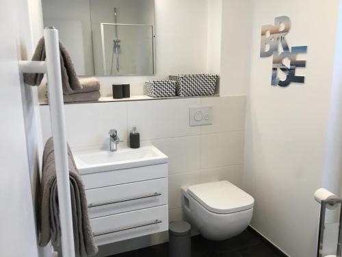 een witte badkamer met een toilet en een wastafel bij Hausboot Maritim Holiday in Großenbrode