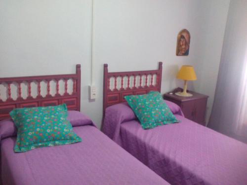 two beds in a bedroom with purple sheets and green pillows at LA CASA AZUL -Mancha Real, Jaen, Úbeda, Baeza- in Mancha Real