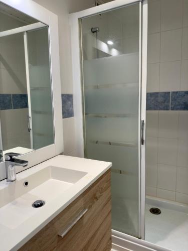 une salle de bain avec un lavabo blanc et une douche dans l'établissement Luxuria - Heliopolis C - Histoire de clés, au Cap d'Agde