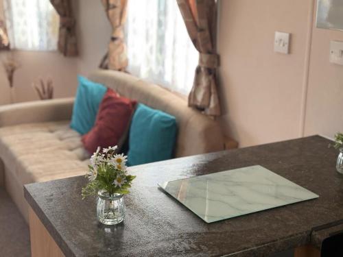 a table with a vase of flowers on a counter in a living room at Skegness Butlins 8 Berth Caravan in Skegness