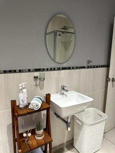 a bathroom with a sink and a mirror at Laid-Back Tortoise in Fisherhaven