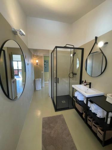 a bathroom with a shower and a sink and a mirror at Appartement moderne à Nebbiuno avec vue in Nebbiuno