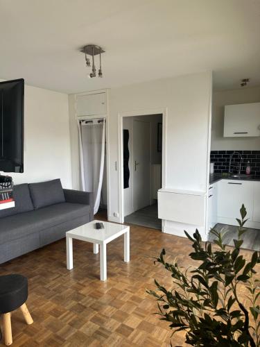 un salon avec un canapé et une table basse dans l'établissement Appartement Châlons en champagne, à Châlons-en-Champagne