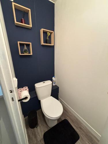 une salle de bain avec toilettes et un mur bleu dans l'établissement Appartement Châlons en champagne, à Châlons-en-Champagne