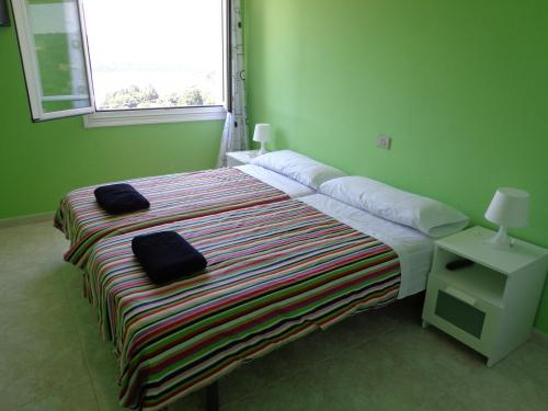 um quarto com uma cama num quarto verde com uma janela em Albergue Aqua Portomarin em Portomarin