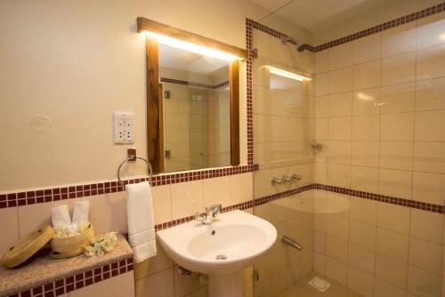a bathroom with a sink and a mirror and a shower at Venus Premier Hotel in Arusha