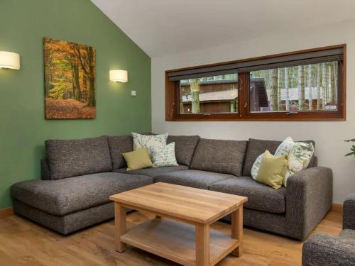 a living room with a couch and a table at Blackwood Forest Cabins - Forest Holidays in Popham
