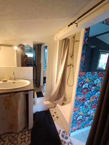 une salle de bain avec une douche et un lavabo et une douche dans l'établissement Cabane d Andernos les bains, à Andernos-les-Bains