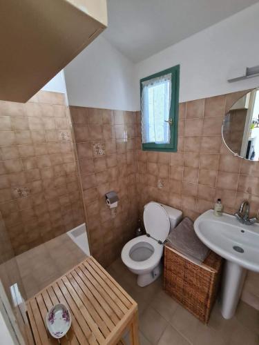 une salle de bain avec toilettes et lavabo dans l'établissement Le Cabanon des Saintes Maries, à Saintes-Maries-de-la-Mer