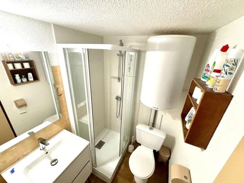 une salle de bain avec une douche, des toilettes et un lavabo dans l'établissement Maison 2 pièces, cabine, 6 pers, plage à 400m, parking, terrasse - FR-1-229C-187, à Port-la-Nouvelle