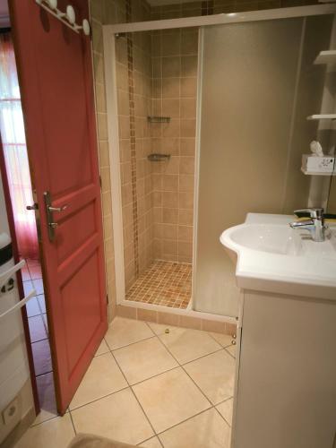 une salle de bain avec douche et lavabo dans l'établissement L appartement d Adeline, à Saint-Vallier-de-Thiey