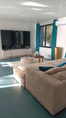 - 2 lits dans une chambre dotée de rideaux bleus dans l'établissement Superbe villa, piscine chauffée, au Grau-dʼAgde