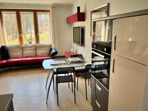 a kitchen and living room with a couch and a table at Rybak30 in Gliwice