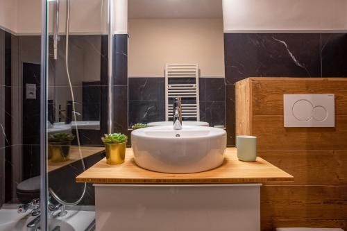 une salle de bain avec un lavabo blanc et une douche dans l'établissement Le Cry - Cosy studio 2pax - Free Parking - 5mn City Center, à Chamonix-Mont-Blanc