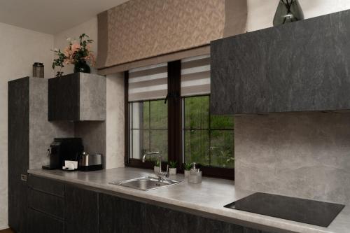 a kitchen with a sink and a window at Finlandia Chalet in Bukovel