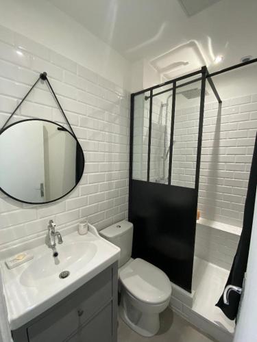 une salle de bain avec toilettes, lavabo et miroir dans l'établissement Appartement centre historique, à Nîmes