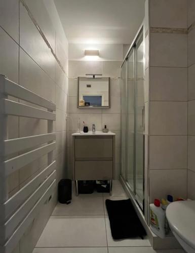 une salle de bain blanche avec un lavabo et une douche dans l'établissement Studio meublé, les tambourins, à Cannes