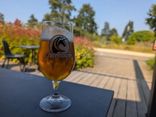 a glass of beer sitting on a table at Chalet HEUREux in Somme-Leuze
