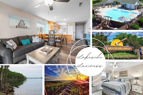 a collage of photos of a living room and a house at Lakeside Laziness 28-4 By SDC, Big Deck, Pool, Hot Tub, Pets Ok, Resort On Lake in Branson