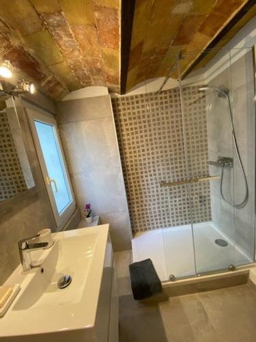 une salle de bain avec douche et lavabo dans l'établissement Appartement idéalement situé dans l'Ecusson, à Nîmes
