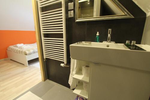 a bathroom with a sink and a mirror at BORSZÓWKA Dom Nad Potokiem - Pensjonat in Szklarska Poręba