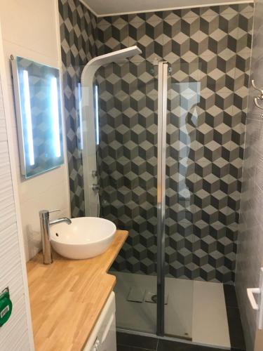 une salle de bain avec un lavabo et une douche dans l'établissement Appartement cosy mer, au Grau-du-Roi