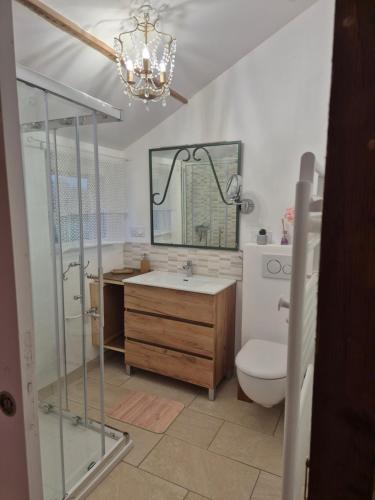 a bathroom with a sink and a toilet and a chandelier at A La Maison in Les Repôts