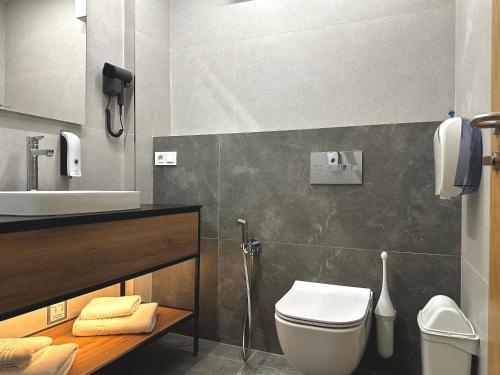 a bathroom with a toilet and a sink at Apartment OneClickRenrt Oasis in Chişinău