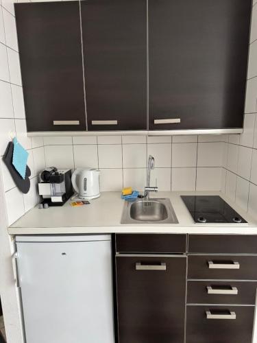 a kitchen with a sink and a counter top at Terrassenwohnung mit Donaublick 4 in Neu Ulm
