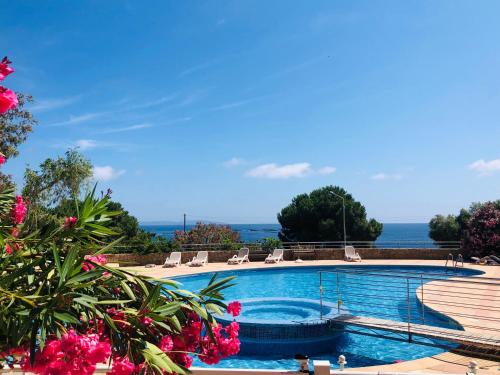 une piscine avec des chaises et l'océan en arrière-plan dans l'établissement T2 Cosy Grande Terrasse, Piscine et Plage à 100m, à Ajaccio
