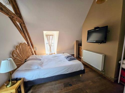 une chambre avec un lit et une télévision au mur dans l'établissement Robillard 2 - Séjour à Auxerre, à Auxerre