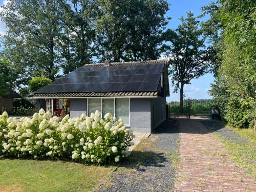 a small house with solar panels on the roof at heerlijk-huisje in Zandschel