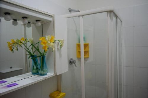 een badkamer met een douche en een vaas met bloemen op een plank bij Residenza Alberghiera Italia in Luni