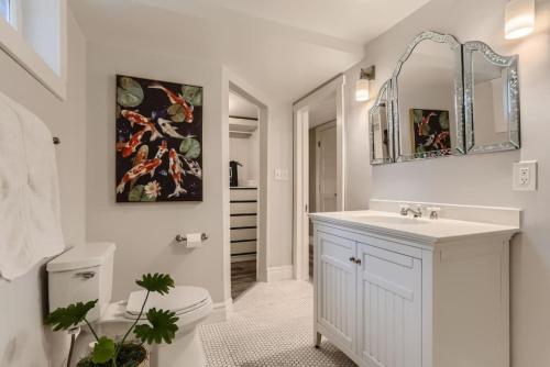 a bathroom with a sink and a toilet and a mirror at Guest Suite At Hilltop And Cherry Creek Near to Museums in Denver