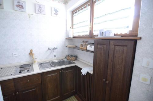 une petite cuisine avec un évier et une fenêtre dans l'établissement Cà Mughi Studio, à Zuel
