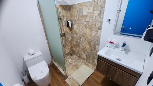 a bathroom with a shower and a toilet and a sink at La Puesta del Sol B&B in Carrillo