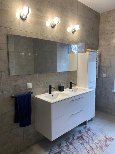 a bathroom with a white sink and a mirror at Laumės dvaras in Kruopinė
